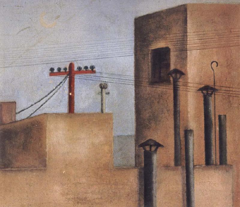 Frida Kahlo After Fride left the Red Cross Hospital,she painted a cityscape of a small,stark rooftop view.On one of the buildings she painted a red cross